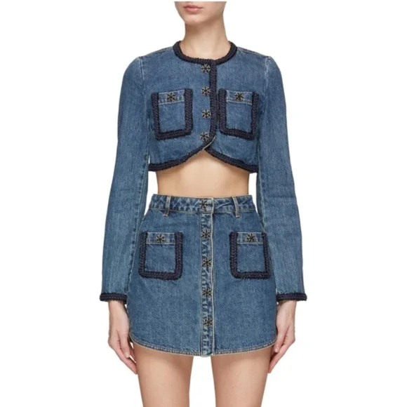 Self-Portrait‎ Denim Jacket Cropped Embellished Buttons Pockets Blue 10 - Picture 4 of 12